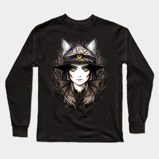 Witch Cat Halloween Creepy Cute Portrait Long Sleeve T-Shirt